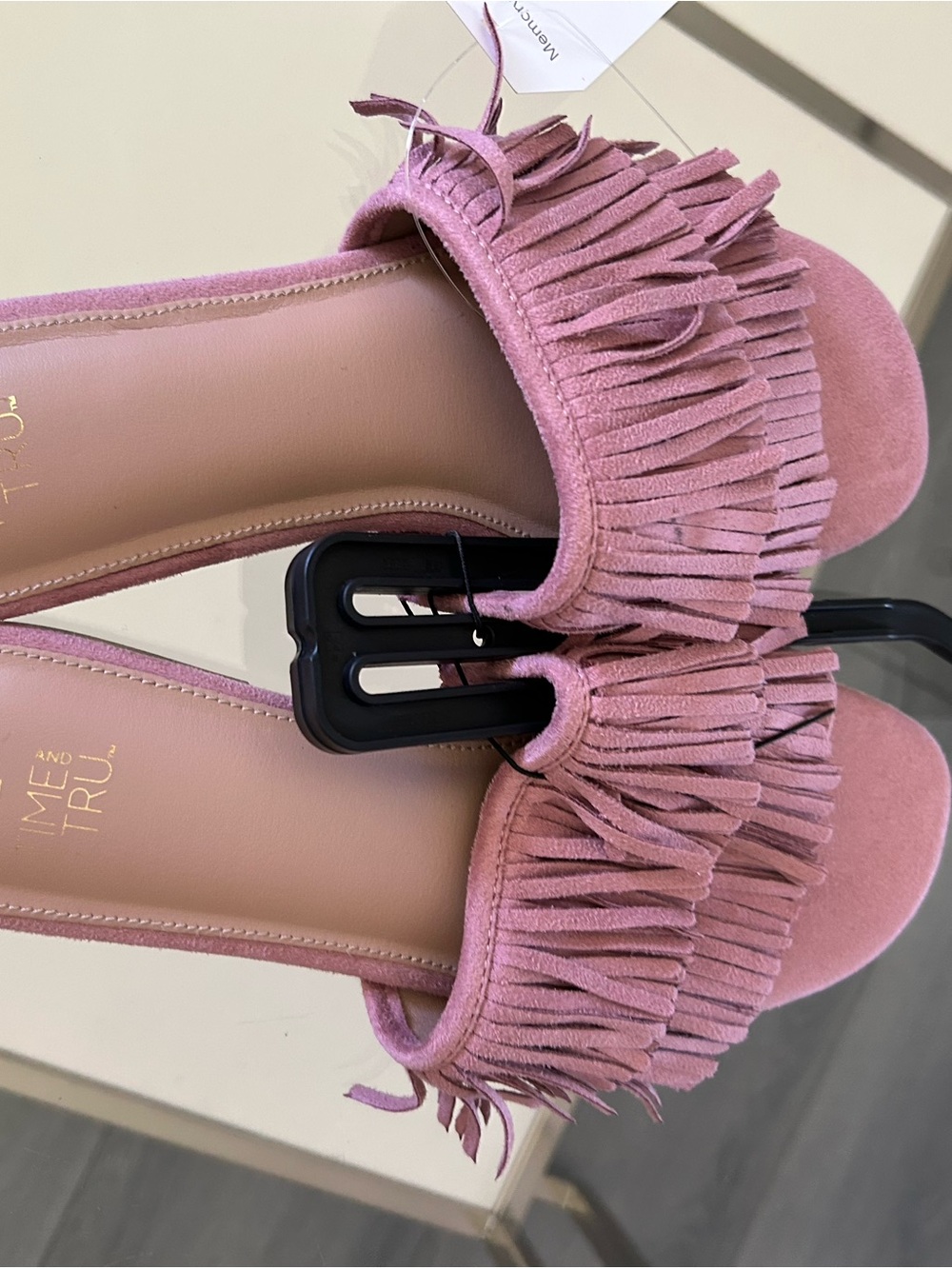 Time and Tru Pink Suede Fringe Slide Mules